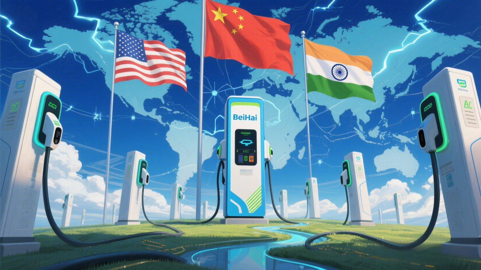A symbolic digital artwork showing global EV industry transformation: flags of USA, China, and India in the sky, electric grids connecting continents, multiple types of AC and DC chargers emerging like monuments. A tall BeiHai-branded EV charging pile is at the center, connecting global trade flows.
