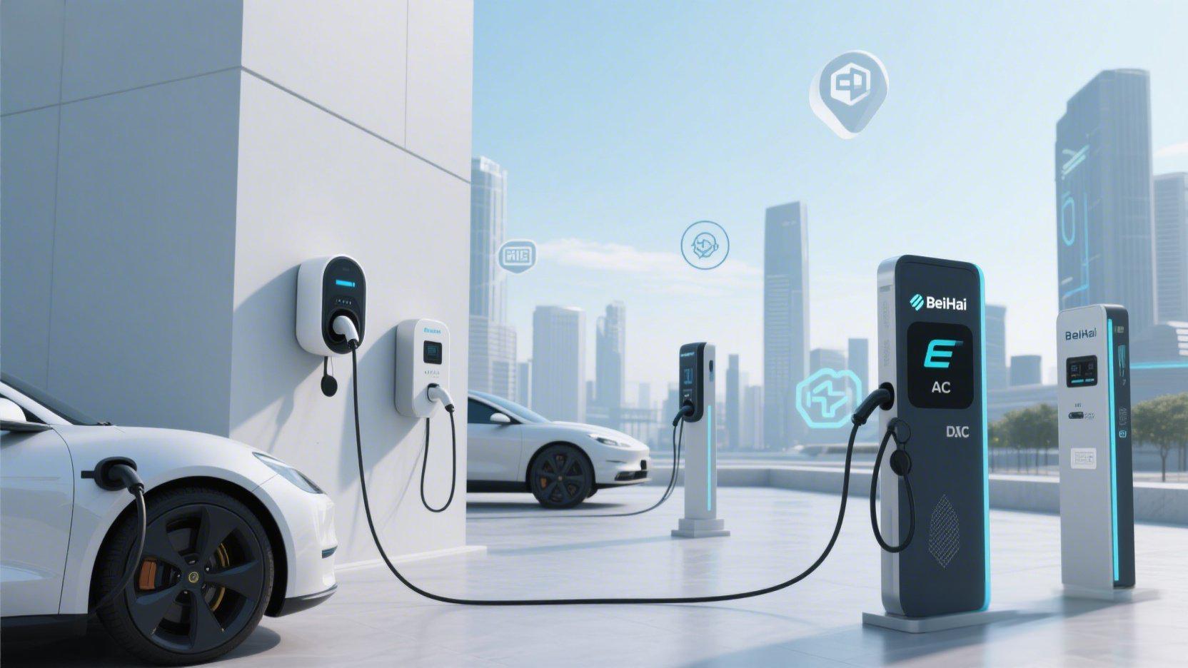 A clean and modern futuristic city with various BeiHai EV chargers: wall-mounted AC chargers, standalone DC charging piles, and smart charging posts. All chargers have the BeiHai logo clearly visible. Electric cars are charging under a bright sky, with abstract trade and tech icons subtly floating in the background.