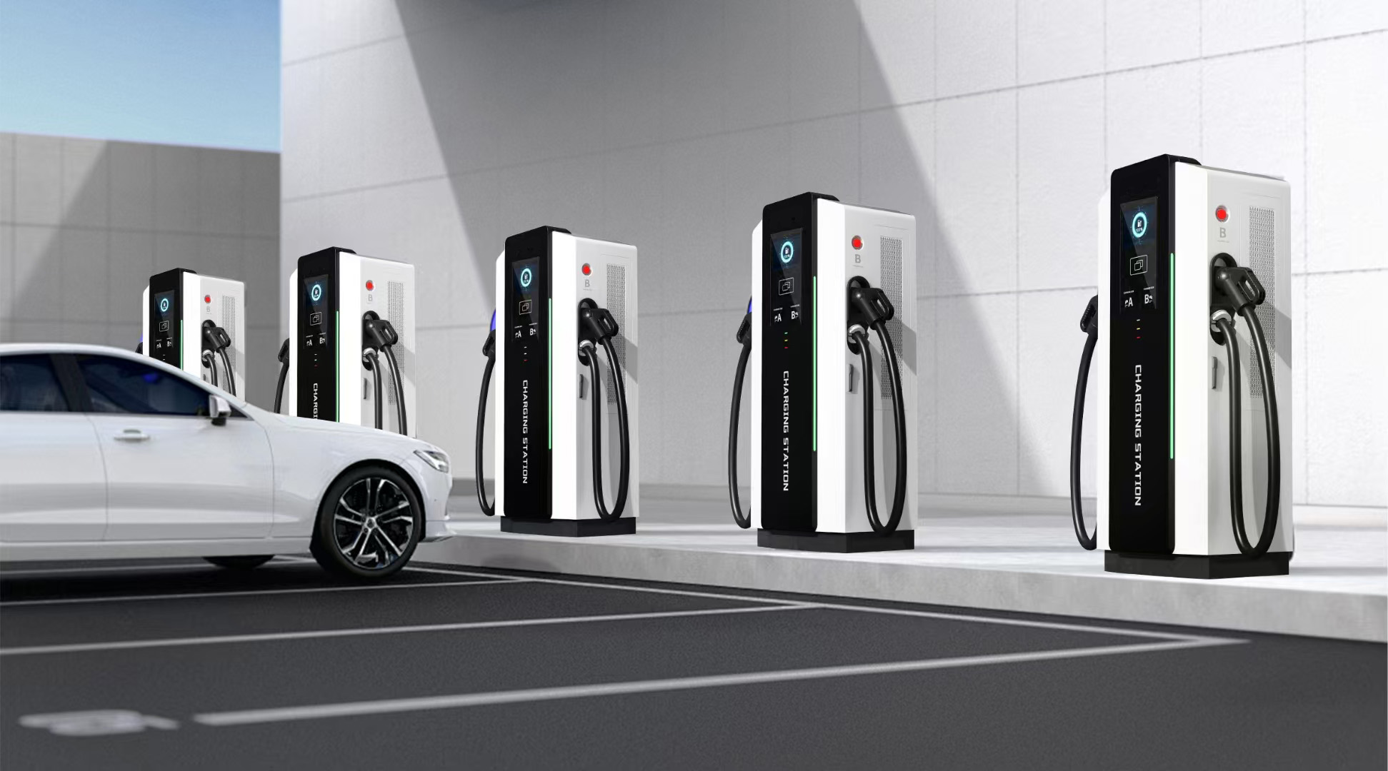 DC EV Charger Station EV Fast Charger Station is a highly capable charging facility for electric vehicles. It is equipped with DC chargers that support multiple charging interface standards such as CCS2, Chademo, and Gbt.